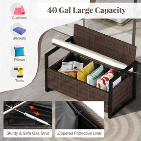 40 Gallon Outdoor Wicker Storage Bench with Cushion & Cover, Metal Frame Patio Deck Box Seat, Rattan Loveseat for Garden, Poolside
