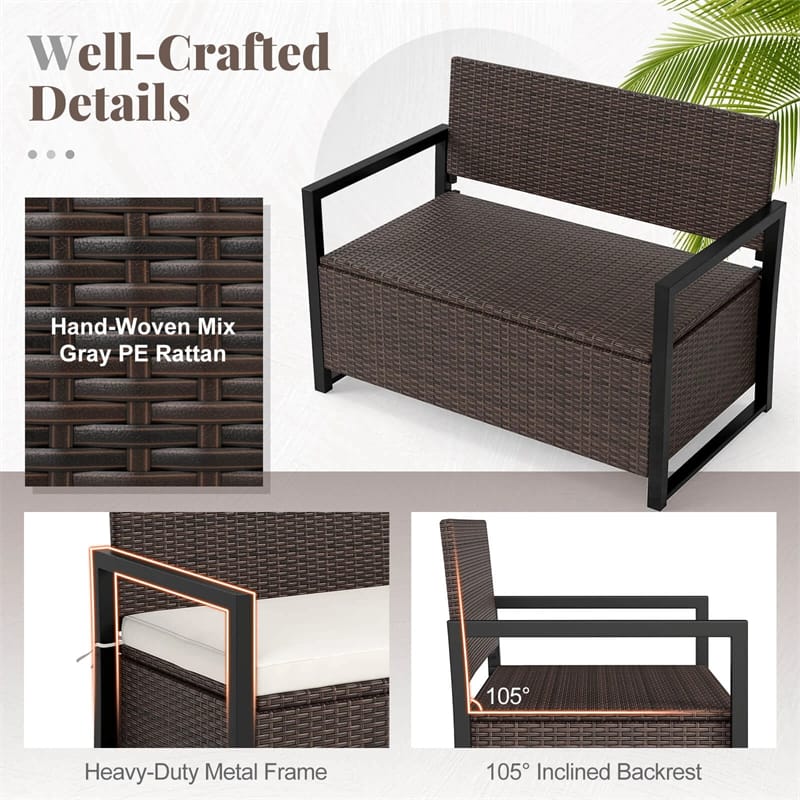 40 Gallon Outdoor Wicker Storage Bench with Cushion & Cover, Metal Frame Patio Deck Box Seat, Rattan Loveseat for Garden, Poolside