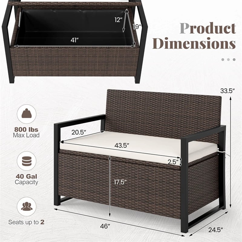 40 Gallon Outdoor Wicker Storage Bench with Cushion & Cover, Metal Frame Patio Deck Box Seat, Rattan Loveseat for Garden, Poolside