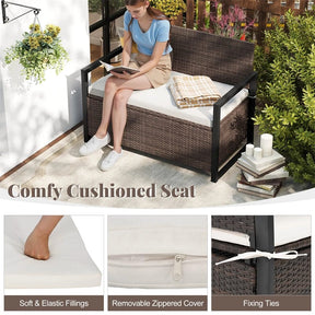 40 Gallon Outdoor Wicker Storage Bench with Cushion & Cover, Metal Frame Patio Deck Box Seat, Rattan Loveseat for Garden, Poolside