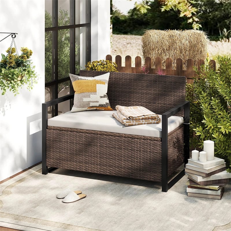 40 Gallon Outdoor Wicker Storage Bench with Cushion & Cover, Metal Frame Patio Deck Box Seat, Rattan Loveseat for Garden, Poolside