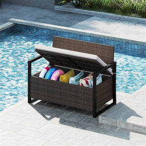 40 Gallon Outdoor Wicker Storage Bench with Cushion & Cover, Metal Frame Patio Deck Box Seat, Rattan Loveseat for Garden, Poolside