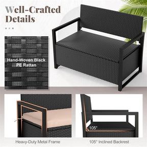 40 Gallon Outdoor Wicker Storage Bench with Cushion & Cover, Metal Frame Patio Deck Box Seat, Rattan Loveseat for Garden, Poolside