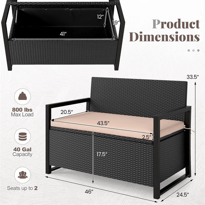 40 Gallon Outdoor Wicker Storage Bench with Cushion & Cover, Metal Frame Patio Deck Box Seat, Rattan Loveseat for Garden, Poolside