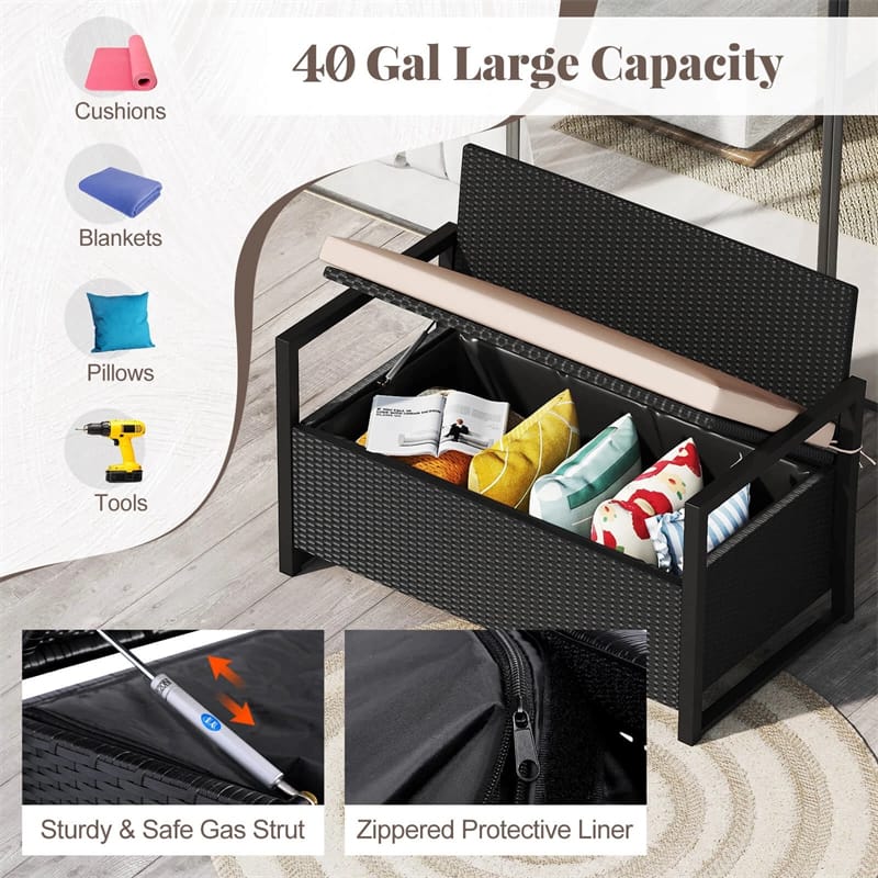 40 Gallon Outdoor Wicker Storage Bench with Cushion & Cover, Metal Frame Patio Deck Box Seat, Rattan Loveseat for Garden, Poolside