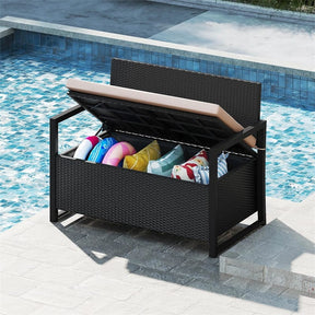 40 Gallon Outdoor Wicker Storage Bench with Cushion & Cover, Metal Frame Patio Deck Box Seat, Rattan Loveseat for Garden, Poolside