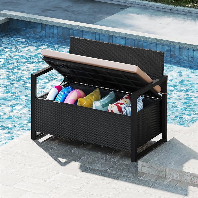 40 Gallon Outdoor Wicker Storage Bench with Cushion & Cover, Metal Frame Patio Deck Box Seat, Rattan Loveseat for Garden, Poolside