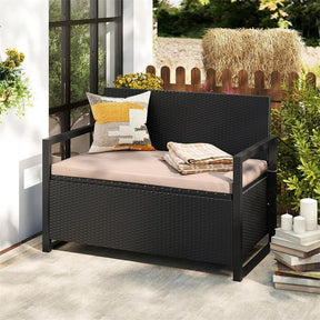 40 Gallon Outdoor Wicker Storage Bench with Cushion & Cover, Metal Frame Patio Deck Box Seat, Rattan Loveseat for Garden, Poolside