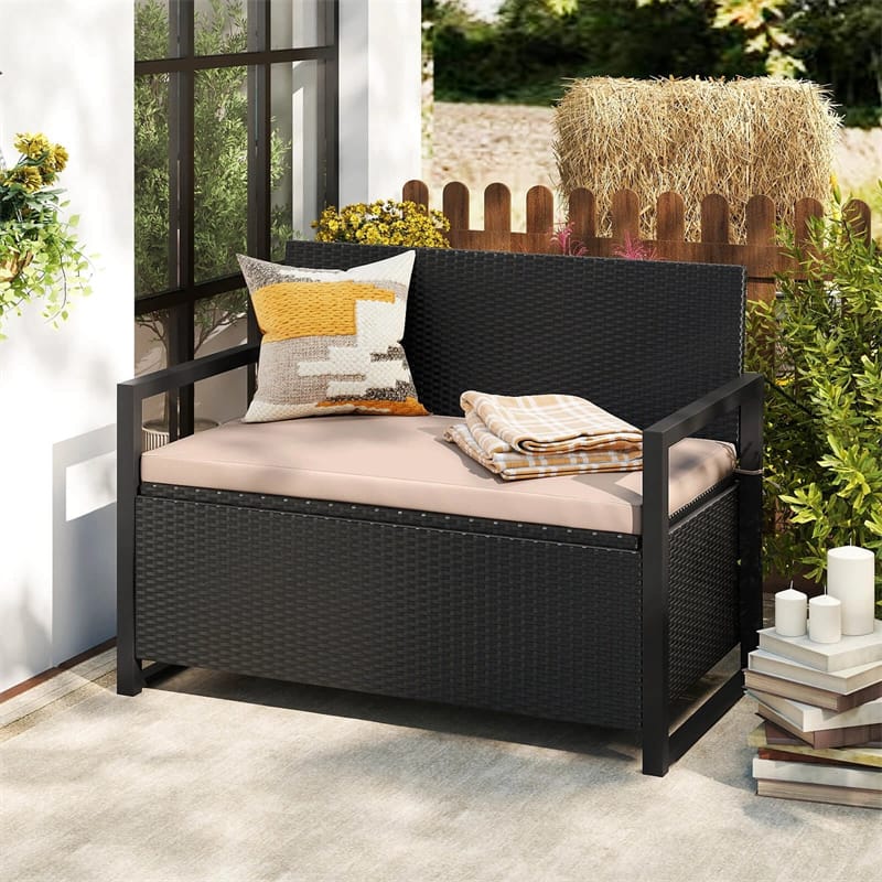 40 Gallon Outdoor Wicker Storage Bench with Cushion & Cover, Metal Frame Patio Deck Box Seat, Rattan Loveseat for Garden, Poolside
