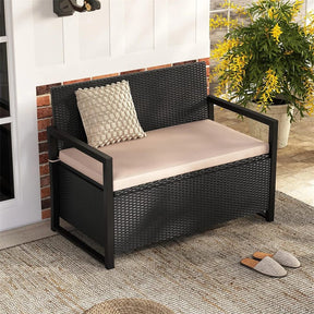 40 Gallon Outdoor Wicker Storage Bench with Cushion & Cover, Metal Frame Patio Deck Box Seat, Rattan Loveseat for Garden, Poolside