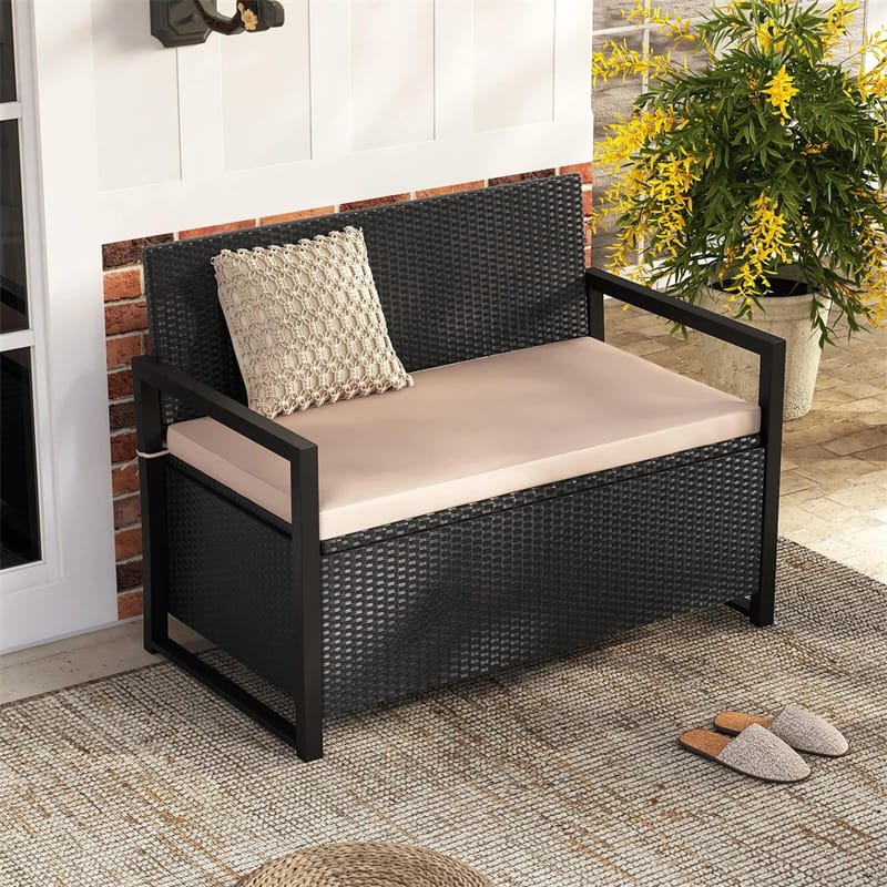 40 Gallon Outdoor Wicker Storage Bench with Cushion & Cover, Metal Frame Patio Deck Box Seat, Rattan Loveseat for Garden, Poolside