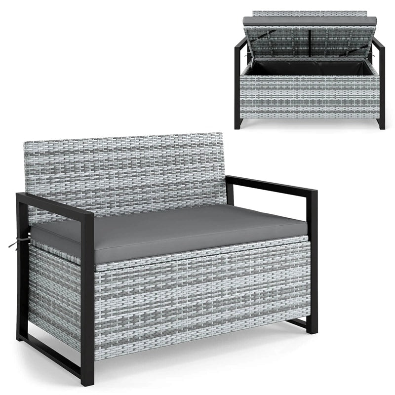 40 Gallon Outdoor Wicker Storage Bench with Cushion & Cover, Metal Frame Patio Deck Box Seat, Rattan Loveseat for Garden, Poolside