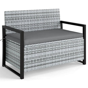 40 Gallon Outdoor Wicker Storage Bench with Cushion & Cover, Metal Frame Patio Deck Box Seat, Rattan Loveseat for Garden, Poolside