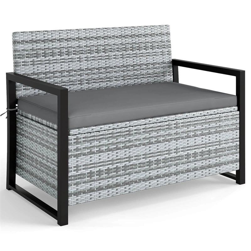 40 Gallon Outdoor Wicker Storage Bench with Cushion & Cover, Metal Frame Patio Deck Box Seat, Rattan Loveseat for Garden, Poolside