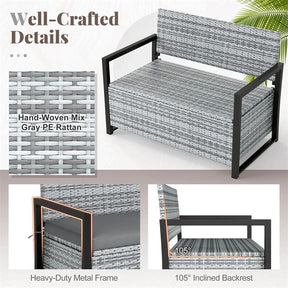 40 Gallon Outdoor Wicker Storage Bench with Cushion & Cover, Metal Frame Patio Deck Box Seat, Rattan Loveseat for Garden, Poolside