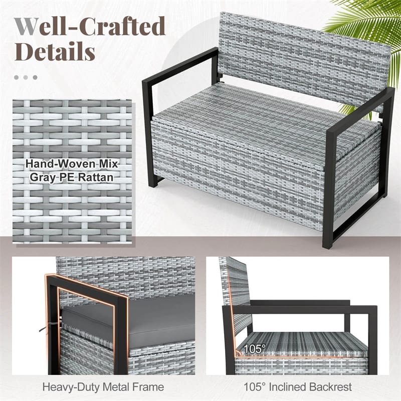 40 Gallon Outdoor Wicker Storage Bench with Cushion & Cover, Metal Frame Patio Deck Box Seat, Rattan Loveseat for Garden, Poolside