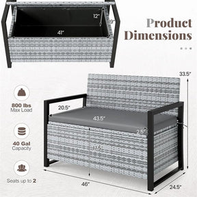 40 Gallon Outdoor Wicker Storage Bench with Cushion & Cover, Metal Frame Patio Deck Box Seat, Rattan Loveseat for Garden, Poolside