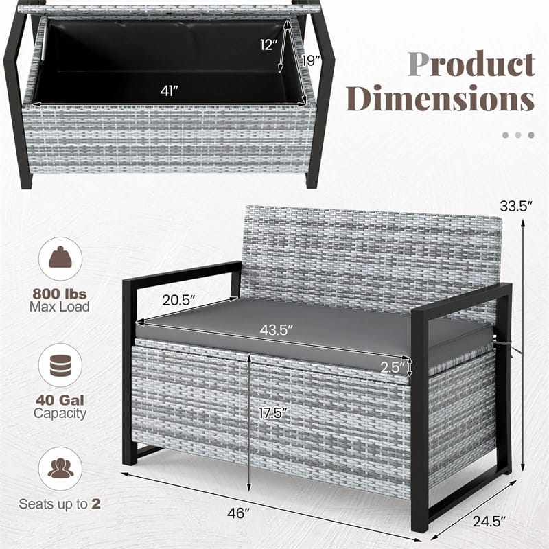 40 Gallon Outdoor Wicker Storage Bench with Cushion & Cover, Metal Frame Patio Deck Box Seat, Rattan Loveseat for Garden, Poolside