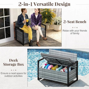 40 Gallon Outdoor Wicker Storage Bench with Cushion & Cover, Metal Frame Patio Deck Box Seat, Rattan Loveseat for Garden, Poolside