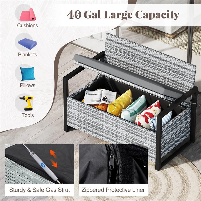 40 Gallon Outdoor Wicker Storage Bench with Cushion & Cover, Metal Frame Patio Deck Box Seat, Rattan Loveseat for Garden, Poolside