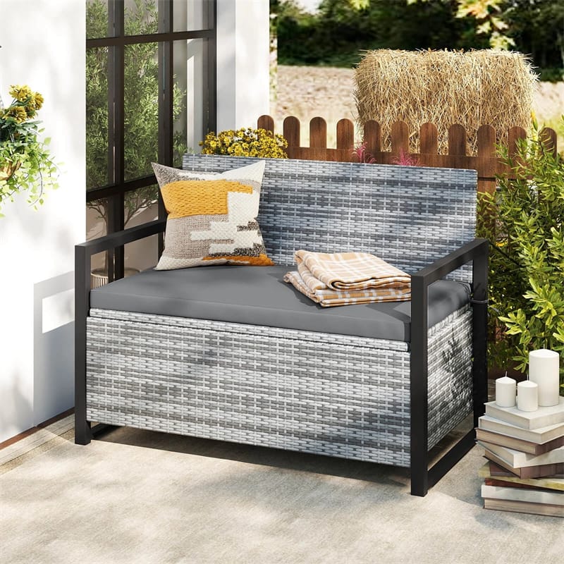 40 Gallon Outdoor Wicker Storage Bench with Cushion & Cover, Metal Frame Patio Deck Box Seat, Rattan Loveseat for Garden, Poolside