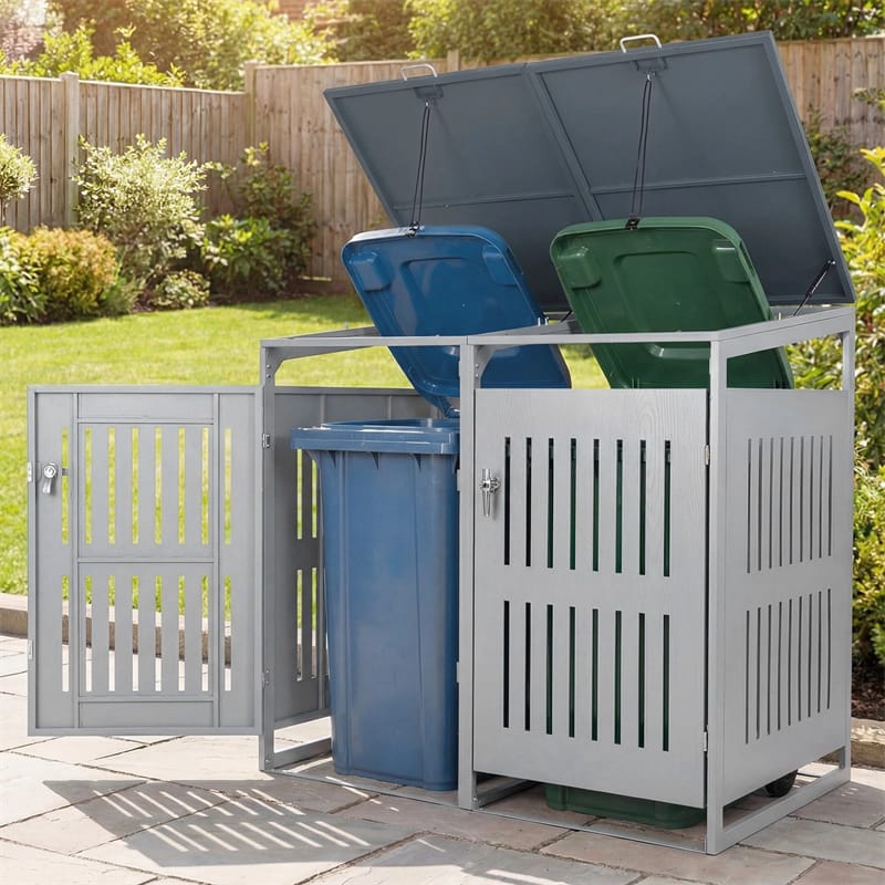 44 Cu.Ft Outdoor Trash Can Storage Shed for 2 Bins, Metal Garbage Can Organizer with Gas Struts, Shock Absorbers, Lockable Doors & Slant-Roof