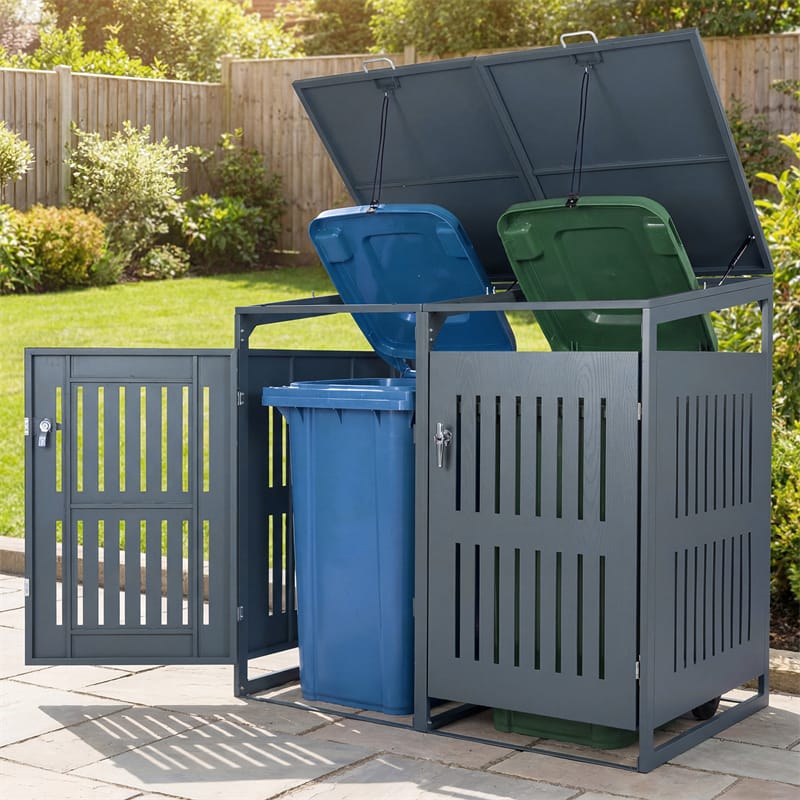 44 Cu.Ft Outdoor Trash Can Storage Shed for 2 Bins, Metal Garbage Can Organizer with Gas Struts, Shock Absorbers, Lockable Doors & Slant-Roof