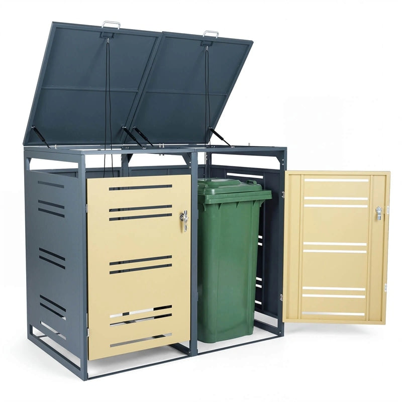 44 Cu.Ft Outdoor Metal Trash Can Storage Shed for 2 Bins, Double Garbage Can Enclosure with Gas Strut, Shock Absorber & Lockable Doors
