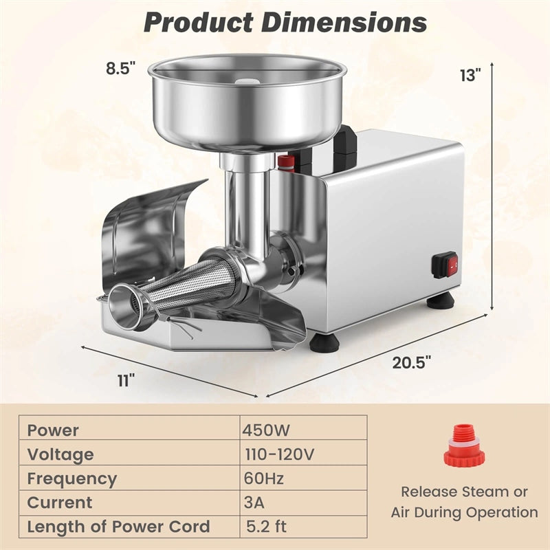 450W Electric Tomato Strainer, Commercial Stainless Steel Sauce Maker, 200-350lbs/h Food Milling Machine for Tomato Sauce,Strawberry Blueberry Jam