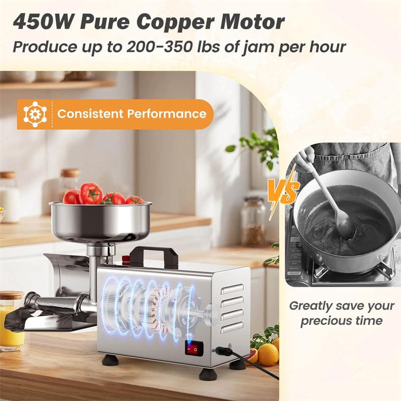 450W Electric Tomato Strainer, Commercial Stainless Steel Sauce Maker, 200-350lbs/h Food Milling Machine for Tomato Sauce,Strawberry Blueberry Jam