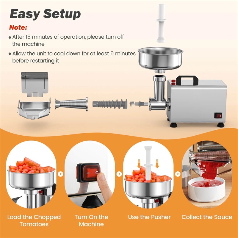 450W Electric Tomato Strainer, Commercial Stainless Steel Sauce Maker, 200-350lbs/h Food Milling Machine for Tomato Sauce,Strawberry Blueberry Jam