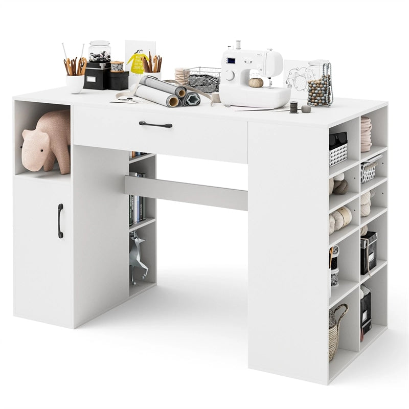 53" Counter Height Sewing Craft Table with 14 Storage Cubes, Large Drawer, Cabinet & Adjustable Shelf, 36" Artwork Workstation Drafting Writing Desk