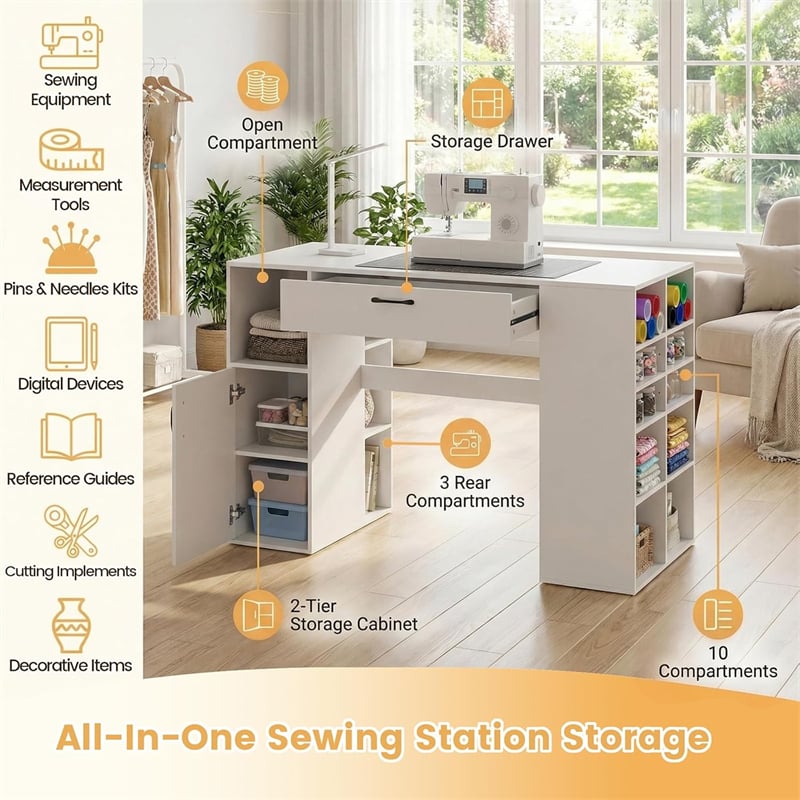 53" Counter Height Sewing Craft Table with 14 Storage Cubes, Large Drawer, Cabinet & Adjustable Shelf, 36" Artwork Workstation Drafting Writing Desk