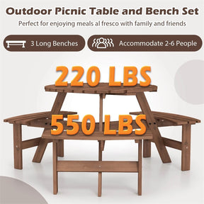 6-Person Round Wood Picnic Table Set with 3 Built-in Benches & 2" Umbrella Hole, Holds 1850 LBS, Outdoor Dining Table & Bench for Patio Garden