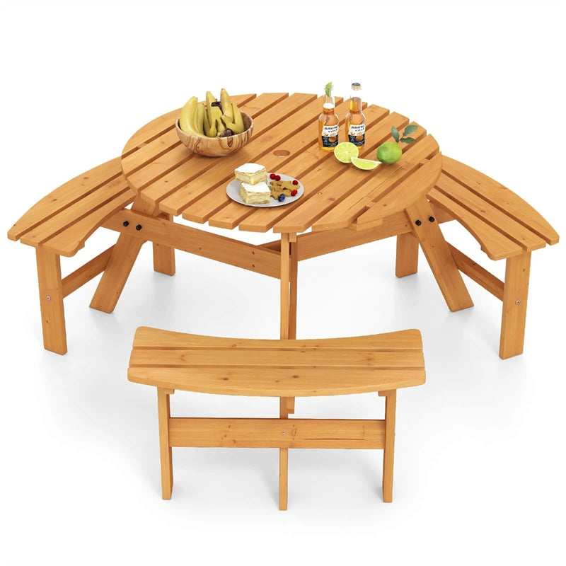 6-Person Round Wood Picnic Table Set with 3 Built-in Benches & 2" Umbrella Hole, Holds 1850 LBS, Outdoor Dining Table & Bench for Patio Garden