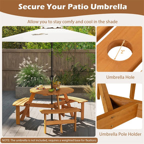 6-Person Round Wood Picnic Table Set with 3 Built-in Benches & 2" Umbrella Hole, Holds 1850 LBS, Outdoor Dining Table & Bench for Patio Garden