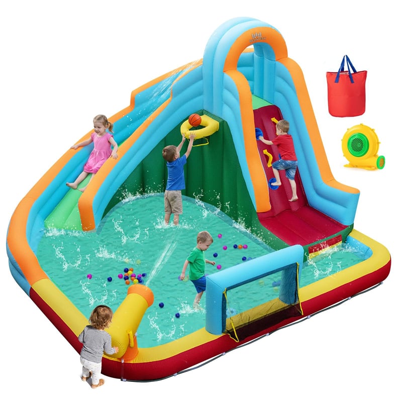 6-in-1 Inflatable Water Slide Park, Giant Bounce House with Splash Pool, Long Slide, Soccer Goal & Climbing Wall for Kids Backyard