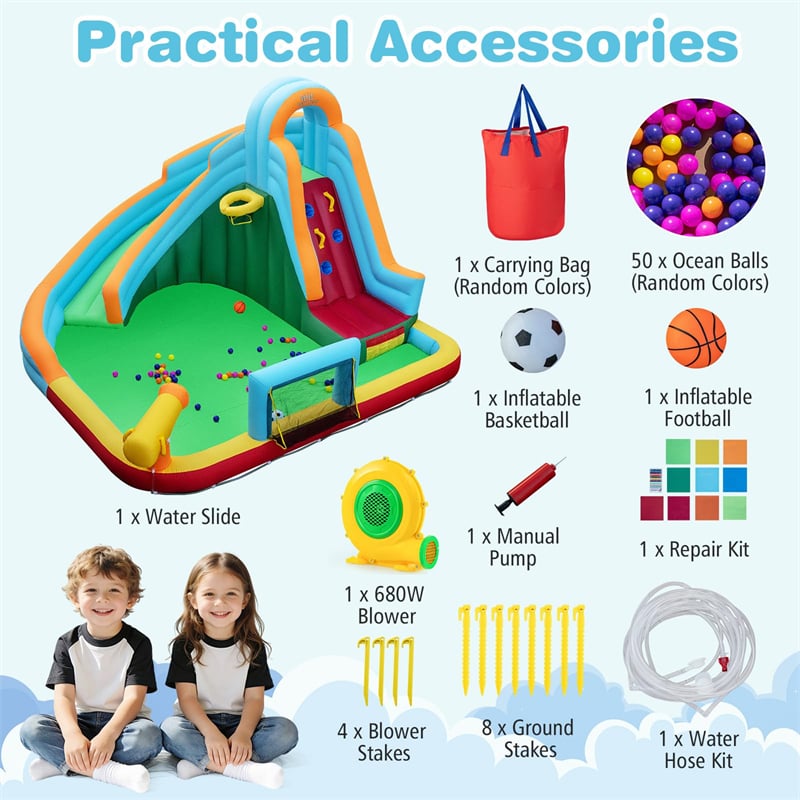 6-in-1 Inflatable Water Slide Park, Giant Bounce House with Splash Pool, Long Slide, Soccer Goal & Climbing Wall for Kids Backyard