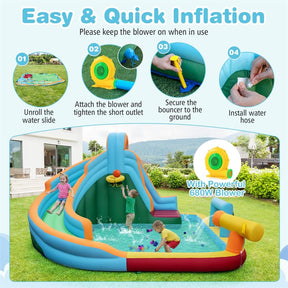 6-in-1 Inflatable Water Slide Park, Giant Bounce House with Splash Pool, Long Slide, Soccer Goal & Climbing Wall for Kids Backyard