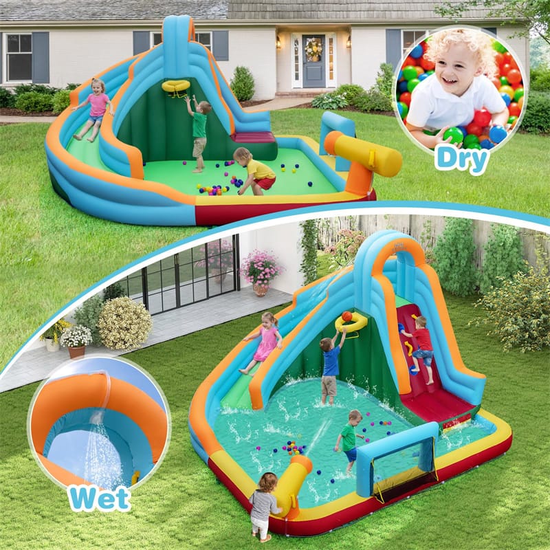 6-in-1 Inflatable Water Slide Park, Giant Bounce House with Splash Pool, Long Slide, Soccer Goal & Climbing Wall for Kids Backyard