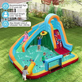6-in-1 Inflatable Water Slide Park, Giant Bounce House with Splash Pool, Long Slide, Soccer Goal & Climbing Wall for Kids Backyard