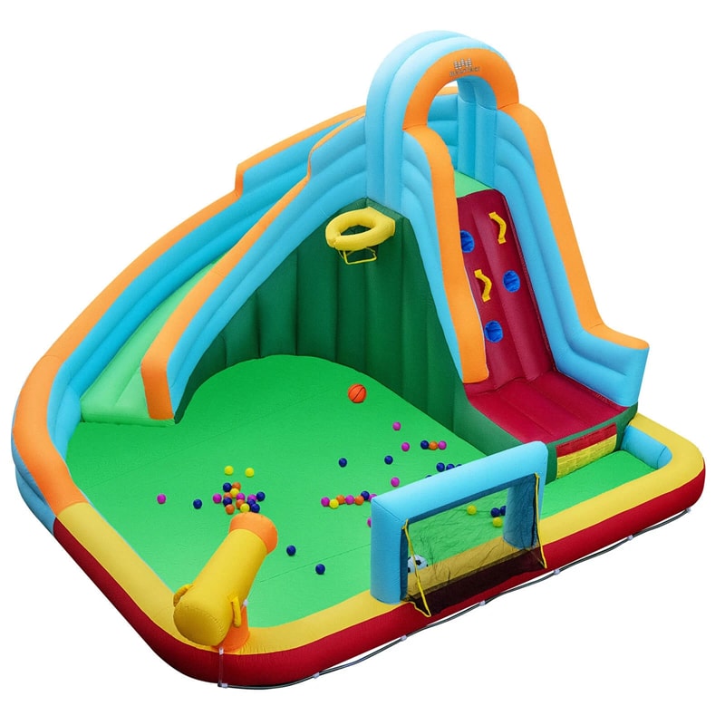 6-in-1 Inflatable Water Slide Park, Giant Bounce House with Splash Pool, Long Slide, Soccer Goal & Climbing Wall for Kids Backyard