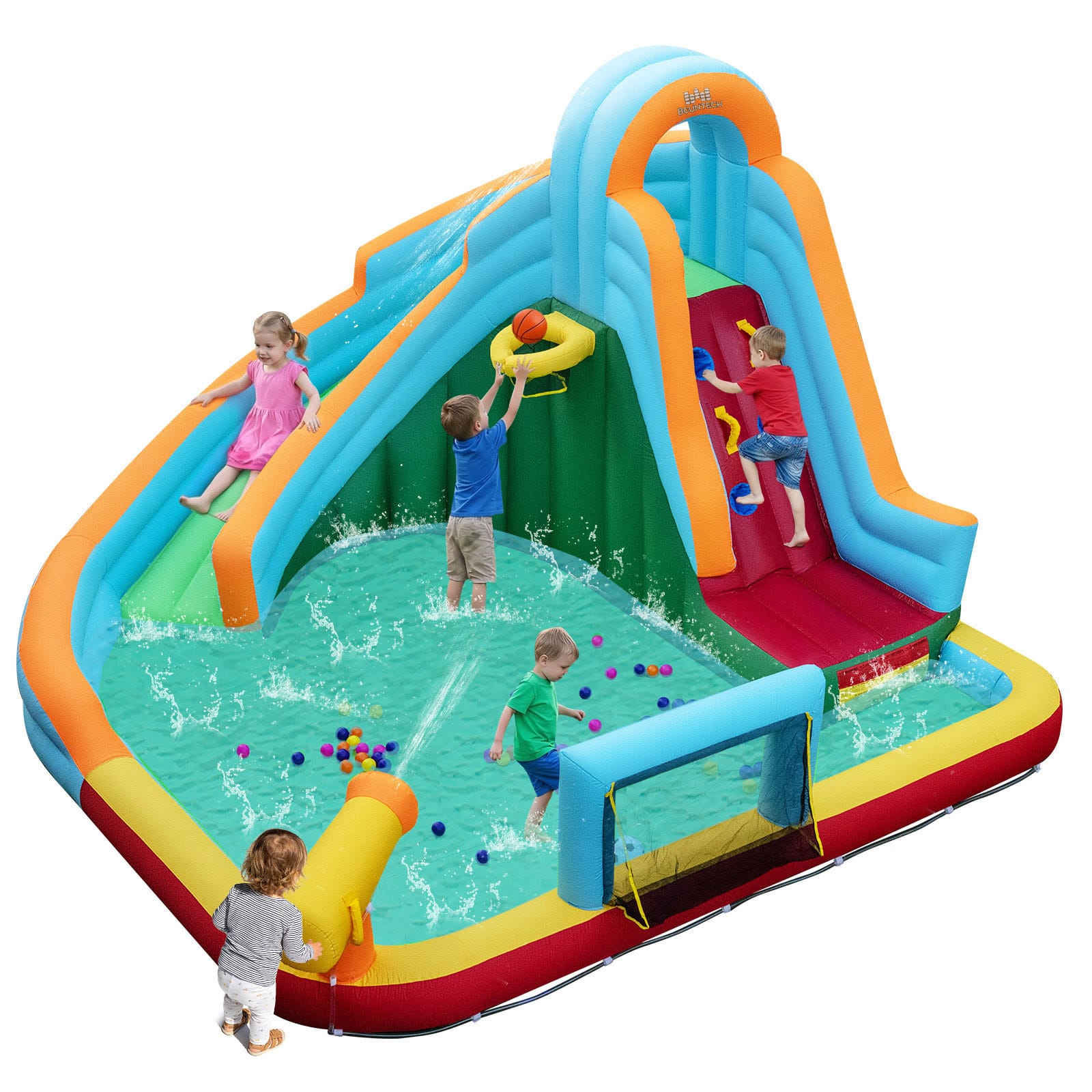 6-in-1 Inflatable Water Slide Park, Giant Bounce House with Splash Pool, Long Slide, Soccer Goal & Climbing Wall for Kids Backyard