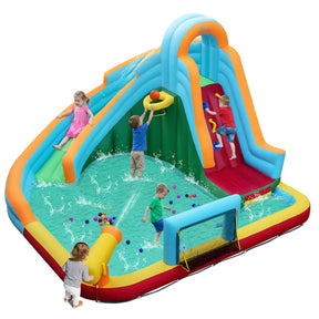 6-in-1 Inflatable Water Slide Park, Giant Bounce House with Splash Pool, Long Slide, Soccer Goal & Climbing Wall for Kids Backyard