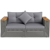62.5" Patio Wicker Loveseat w/ Acacia Wood Armrests & Cup Holders, 2PCS Modular Rattan Corner Sectional Sofa w/ Cushions & Pillows for Backyard