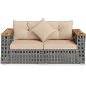 62.5" Patio Wicker Loveseat w/ Acacia Wood Armrests & Cup Holders, 2PCS Modular Rattan Corner Sectional Sofa w/ Cushions & Pillows for Backyard