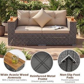 62.5" Patio Wicker Loveseat w/ Acacia Wood Armrests & Cup Holders, 2PCS Modular Rattan Corner Sectional Sofa w/ Cushions & Pillows for Backyard
