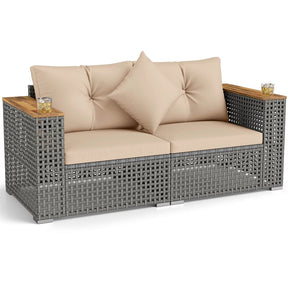 62.5" Patio Wicker Loveseat w/ Acacia Wood Armrests & Cup Holders, 2PCS Modular Rattan Corner Sectional Sofa w/ Cushions & Pillows for Backyard