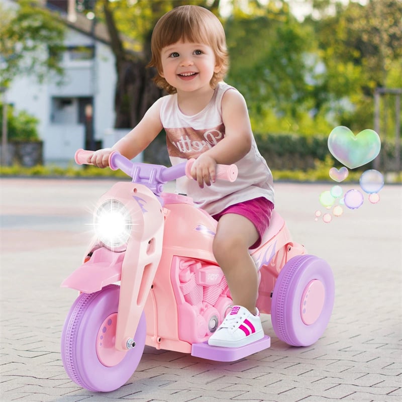 6V Kids Ride On Motorcycle with Bubble Maker, Battery Powered 3-Wheel Electric Motorcycle with LED Headlight & Music for Toddlers Gift