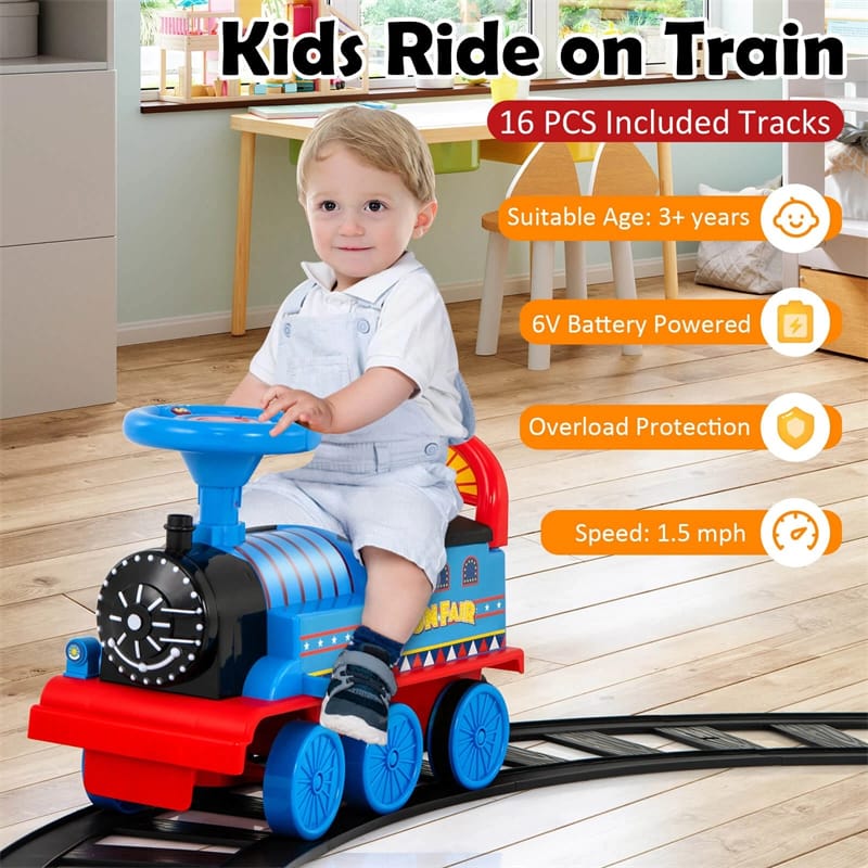 6V Electric Kids Ride on Train with 16PCS Tracks, Battery Powered Motorized Toy Train with 6 Wheels, Storage Seat, Lights & Music for Toddlers